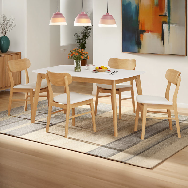 Ensemble de salle à manger moderne 59 "avec plateau rectangulaire en chêne blanc et 4 chaises de salle à manger rembourrées