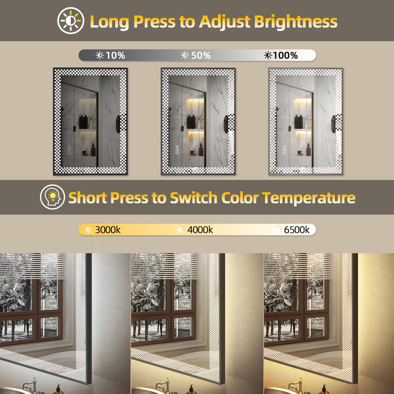 Aevar Checkerboard Framed Super Bright Front & Back LED Lighted Anti-Fog Tempered Glass Bathroom/Vanity Mirror with ETL & 3-Year Warranty