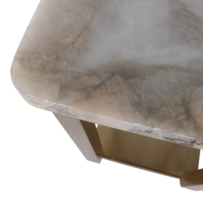 Table d'appoint contemporaine en pierre d'agate pour le salon - Table d'appoint carrée et étroite avec piètement en fer - 63,5 cm, blanc et or