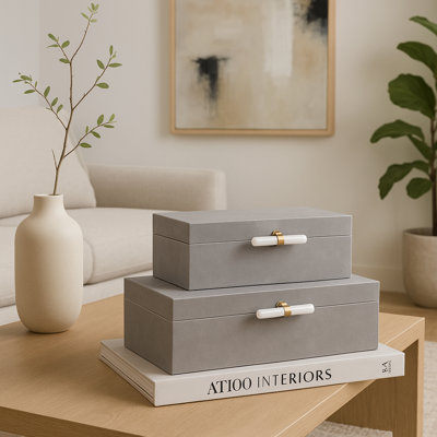Boîtes décoratives chics avec couvercle - organisateur élégant et solution de rangement avec poignée en pierre pour la décoration intérieure - ensemble de 2, 14 po