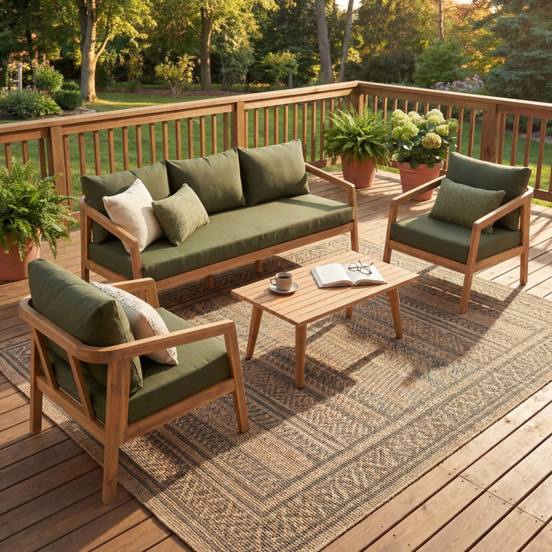 Airwyn Outdoor 5-Person Acacia Wood Conversation Set With Cushions, 4 Pcs: Table, 2 Chairs, Sofa, Dark Green