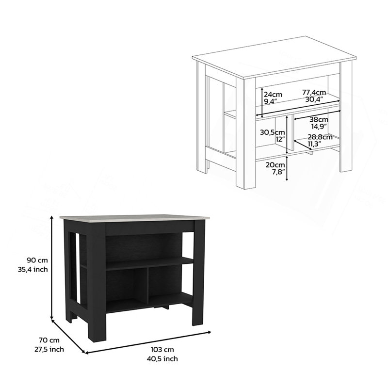 Îlot de cuisine, table de cuisine H 35 po, quatre pieds, trois tablettes de rangement ouvertes