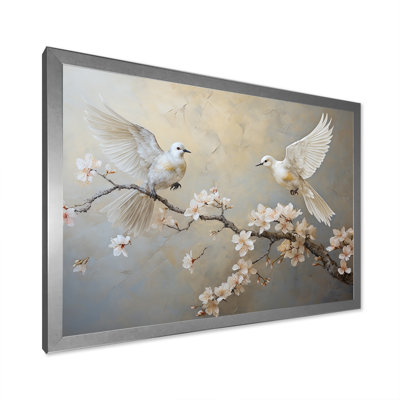 White And Grey Birds Floral Serenity I - Bird Wall Art