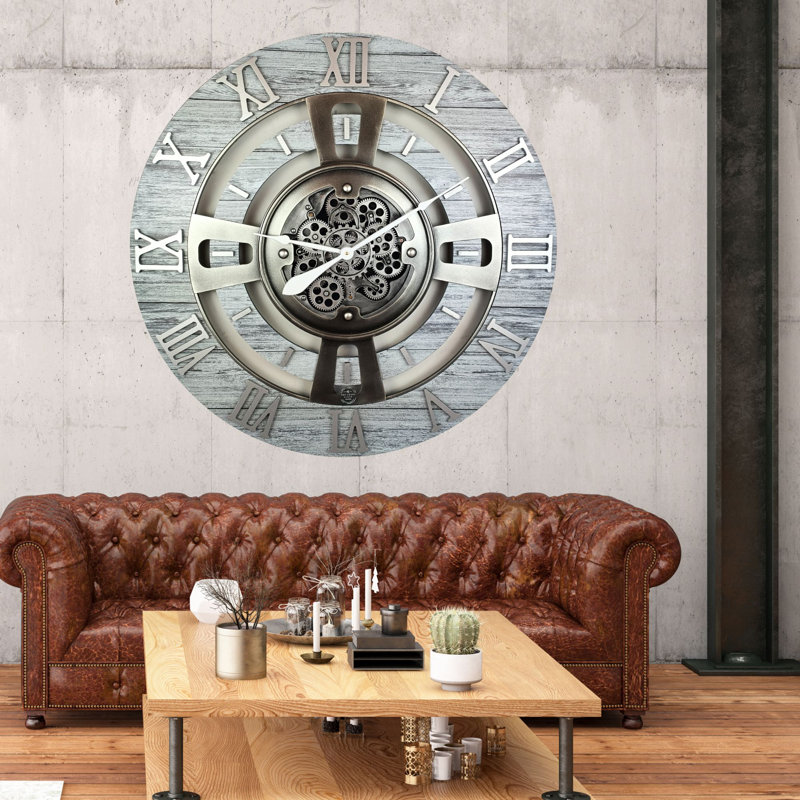 Oversized Silver Grey Wall Clock with Real Moving Gears