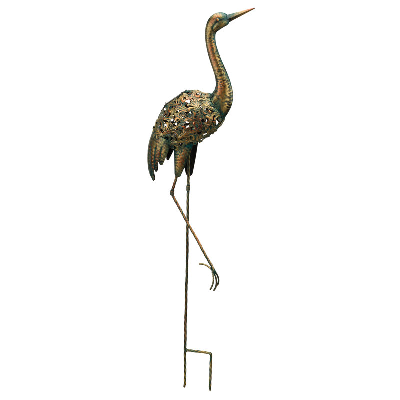 Distressed Copper Solar Powered Metal Crane Garden Stake