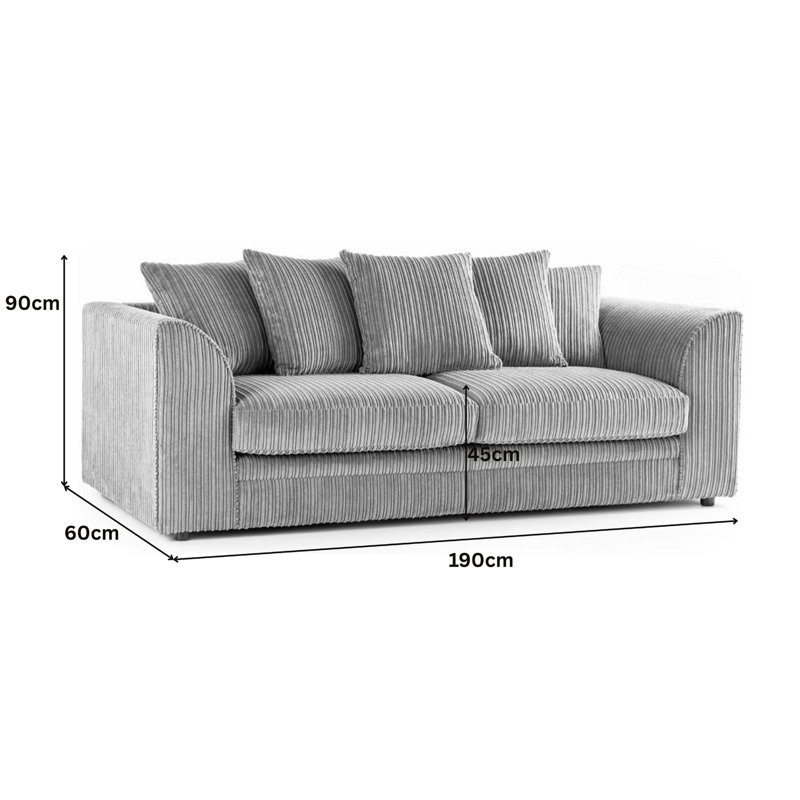 3 Seater Corduroy Sofa, Silver, 90cm H x 190cm W x 90cm D