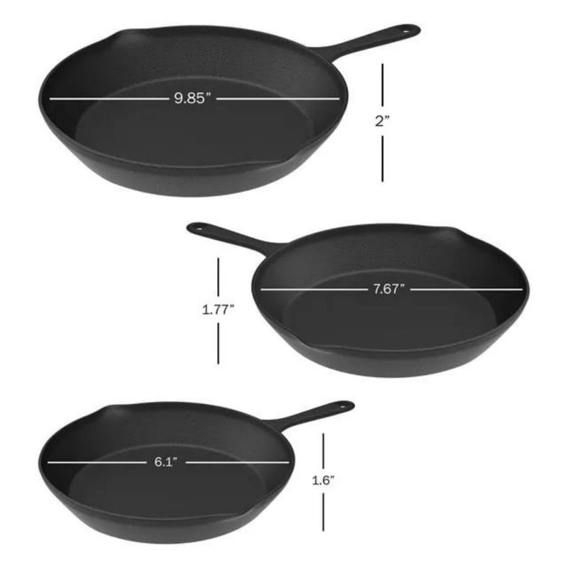 Nonstick Cast Iron Frying Pan Set - 3 Pre-Seasoned Skillets