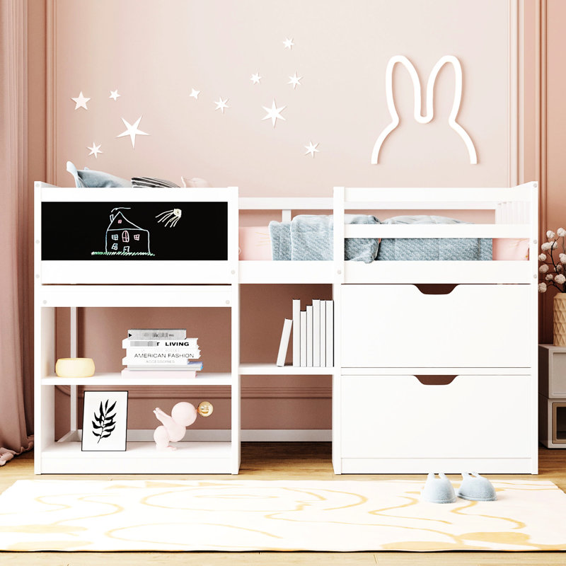 Lit mezzanine simple bas blanc avec tiroir et bureau roulant - Bois massif solide pour une chambre à coucher fonctionnelle