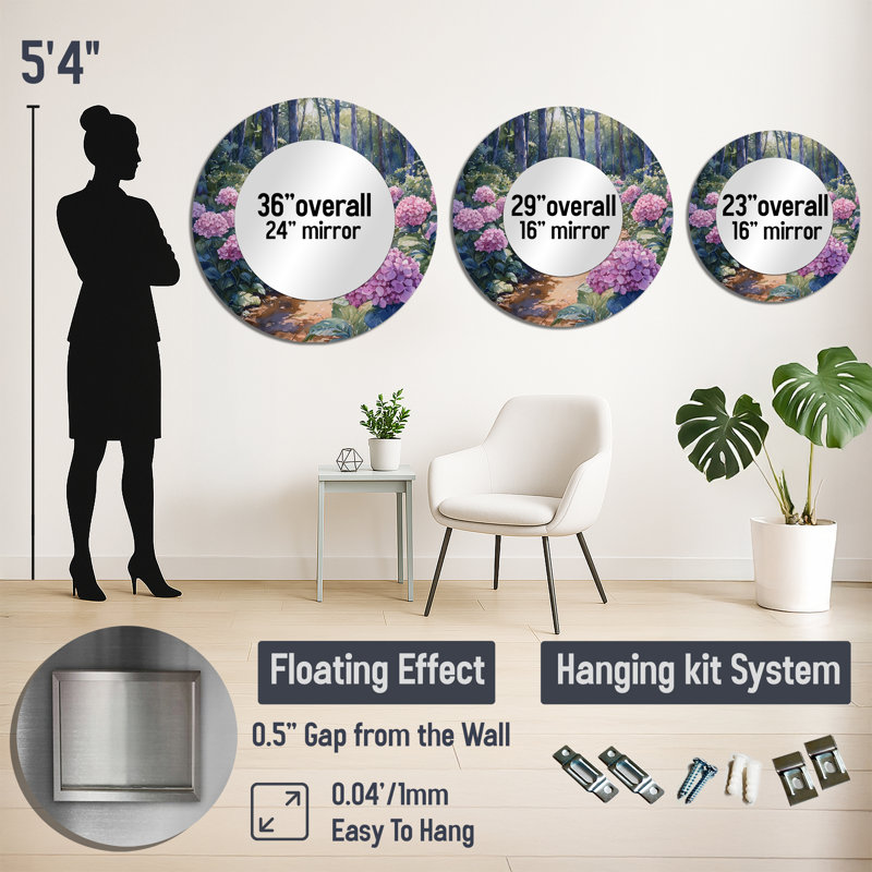 Hortensias dans le chemin de la forêt - miroir mural floral - imprimé sur métal, 36 po x 36 po