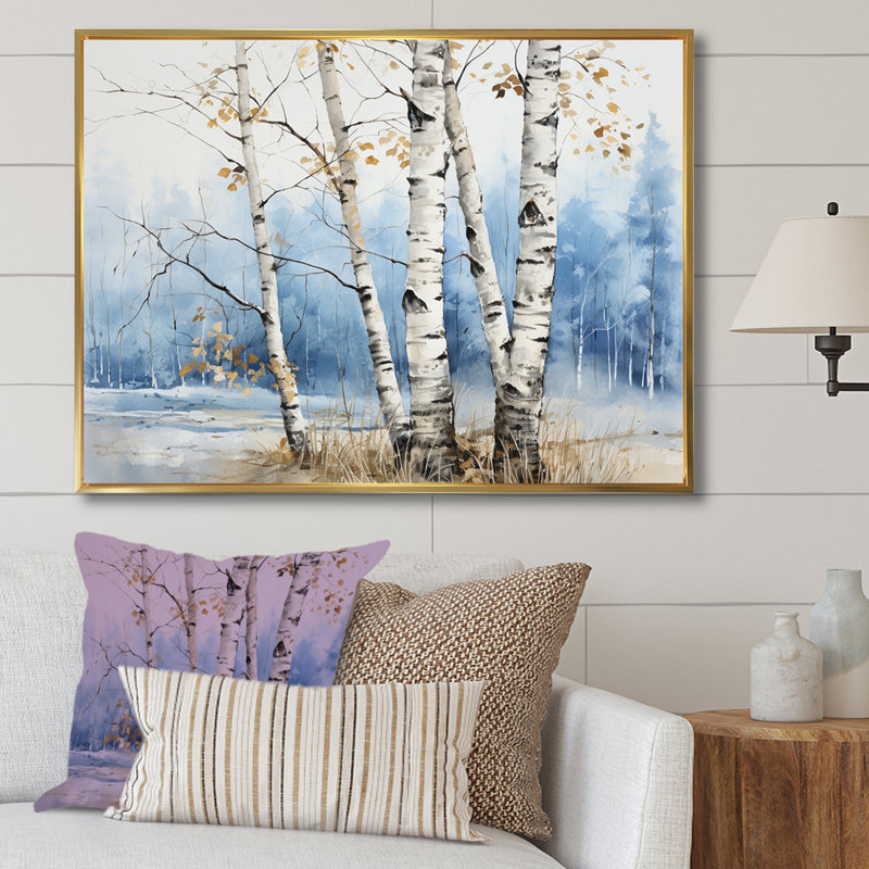 «White Birch Trees Forest Winter Scenery II», reproduction sur toile, Cadre flottant doré, H 24 po x l 32 po x P 1 po