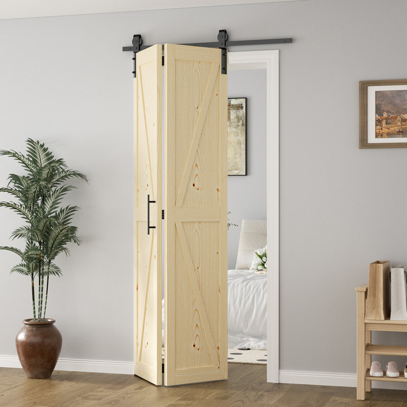 84" DIY Solid Pine Wood K-Style Folding Barn Door with Hardware Kit, 36" x 84", 2