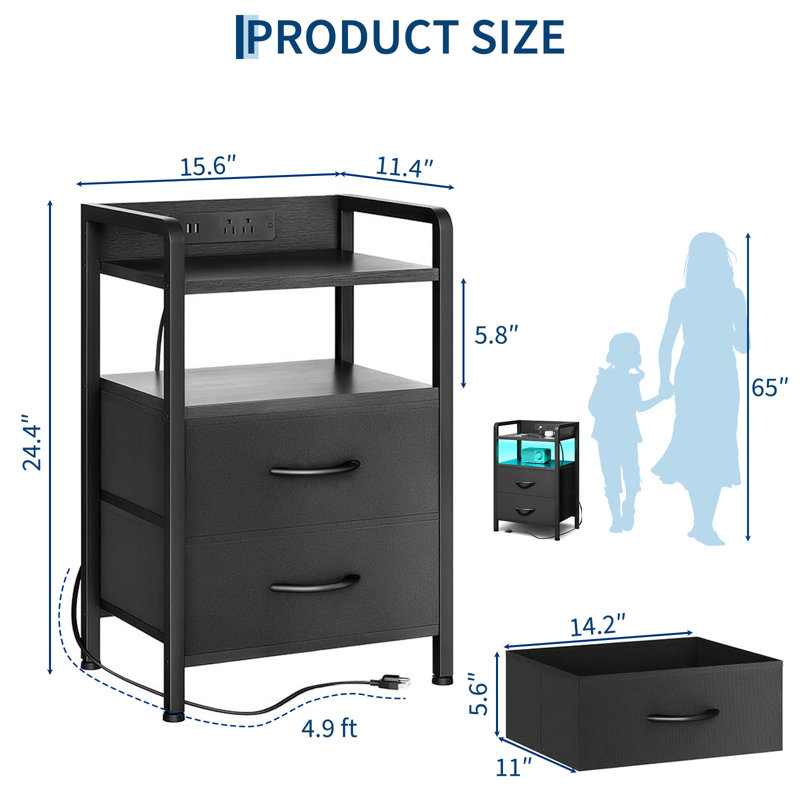 Tall Nightstand with 2 Fabric Drawers & 3-Tier Storage Shelves, LED Night Stand End Table Bedside Table & Bookshelf for Bedroom Dorm Office