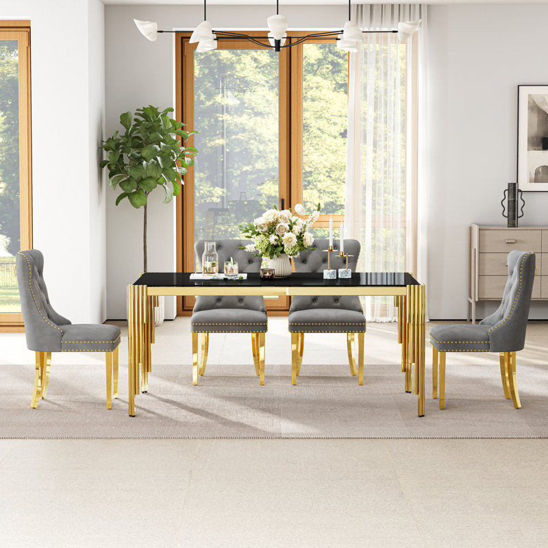65" Glass Dining Set Of 5, Modern Rectangular Tempered Glass Table With Irregular Round Tube Stainless Steel Legs And 4 Velvet Upholstered Dining Chairs With Nailhead Trim
