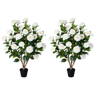 Ensemble de 2 arbres de camélia artificiels en pot noir, plante de camélia résistante aux rayons UV pour la décoration intérieure et extérieure, porche de porte d'entrée, salon, bureau
