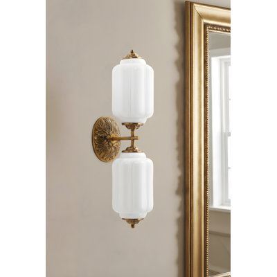 2-Light Vintage Art Deco Vanity Light, Scallop Milk Glass Shade Wall Sconce