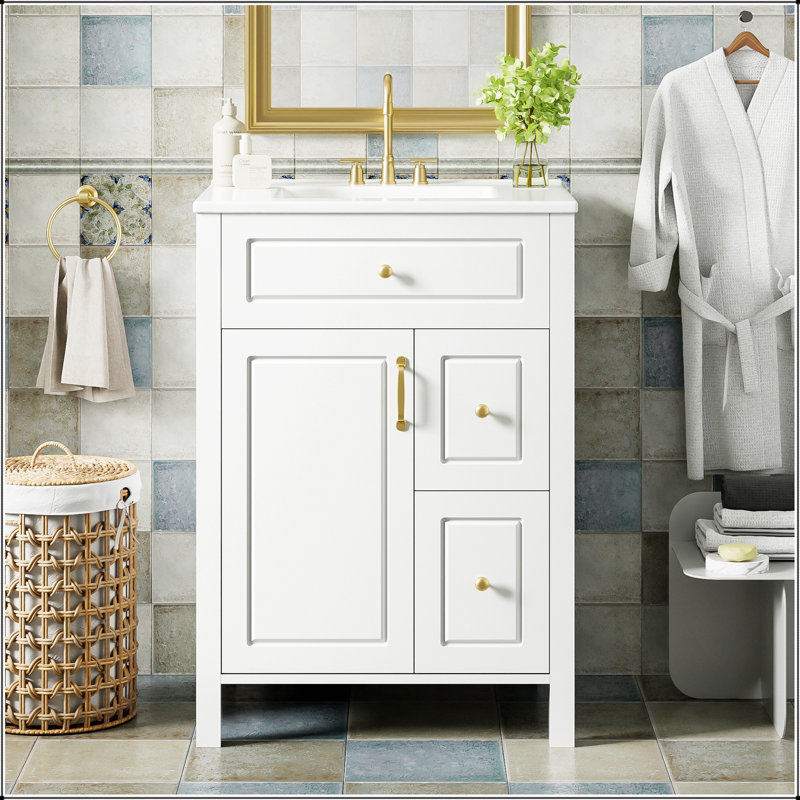 Meuble-lavabo de 24 pouces avec lavabo en céramique, tiroirs à fermeture en douceur et supports de rangement doubles pour des salles de bain élégantes et pratiques