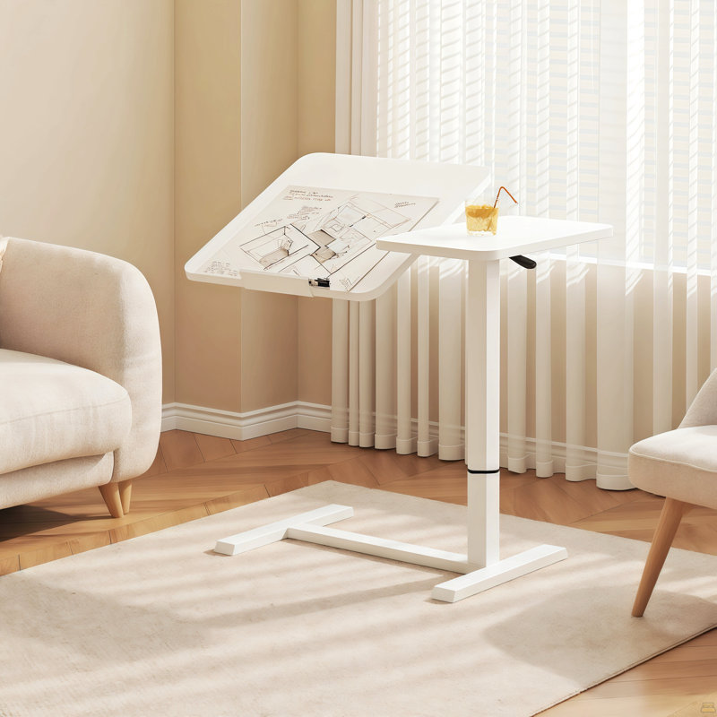 Bureau de chevet au-dessus du lit, support mobile pour ordinateur portable, table de chevet inclinable avec roulettes, table de chevet à plateau réglable en hauteur pour canapé de lit pour ordinateur portable, blanc