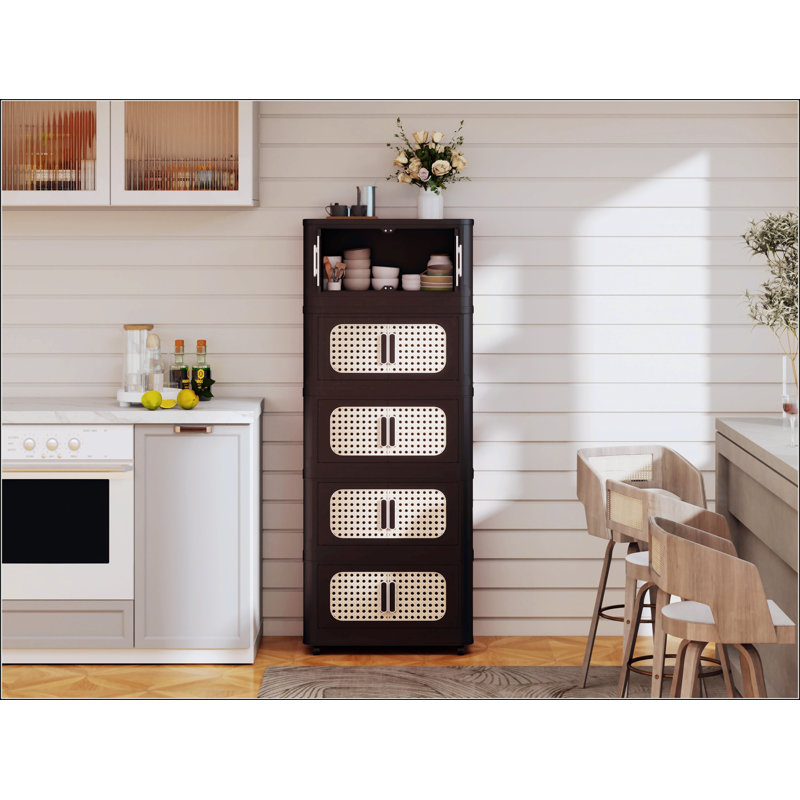 20 Inch Wide Folding Storage Cabinet With 5 Tiers, Magnetic Door, And Wheels For Versatile Use And Easy Mobility, Brown