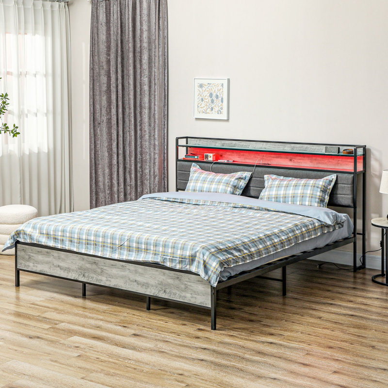 Bed Frame With Headboard, Platform Bed Frame With LED Lights, Charging Station, 3-Tier Storage Shelf, Steel Slats, Easy Assembly & Noise-Free With No Box Spring Needed, Walnut
