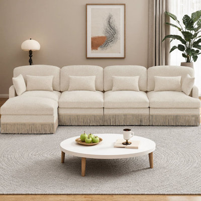 Canapé modulaire en chenille de 131 po à motif léopard en forme de L de 131 po, 4 places avec repose-pieds mobile, bord à pampille délicat, siège profond ergonomique, style moderne et facile à assembler