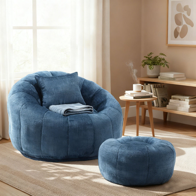 Cloud-Like Memory Foam Bean Bag Chair & Ottoman Set Soft Fabric Lounger with Pillow for Living Room/Playroom