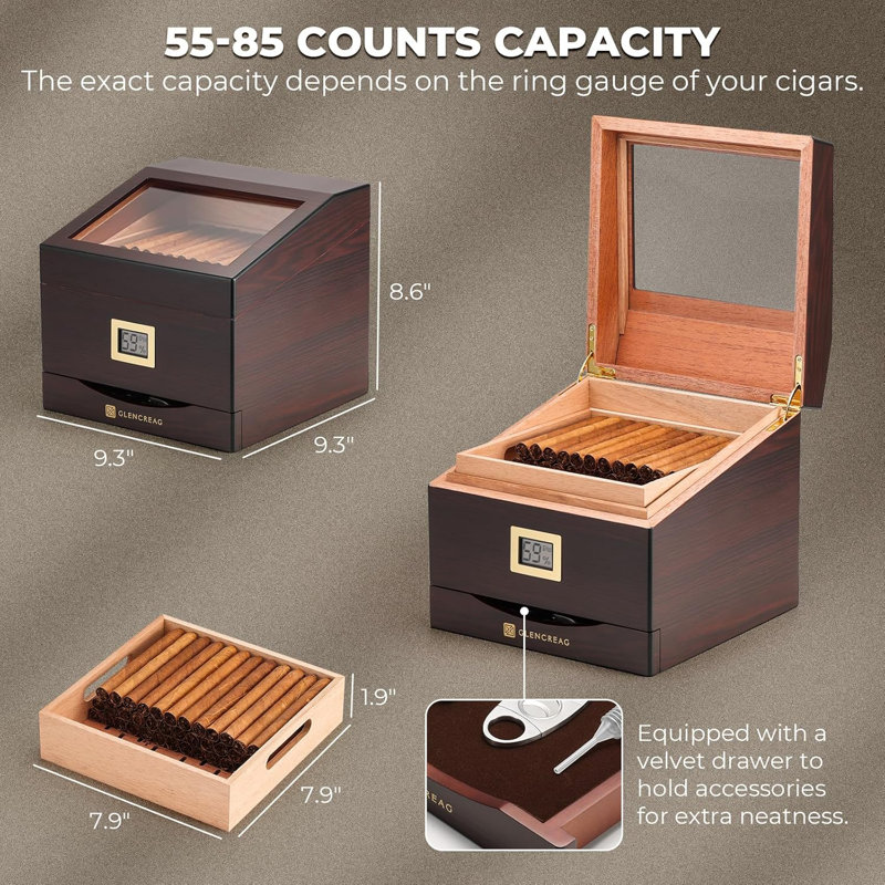 FT-2042 Cigar Humidor Box for 85 Counts, See-Through Design with Spanish Cedar Lining & Divider, Digital Hygrometer