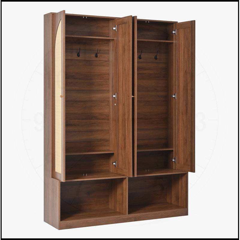 Farmhouse Widen Hall Tree with 4 Rattan Doors, Versatile 4-In-1 Seating Bench with 6 Hooks, Mid-Century Entryway Shoe Cabinet, Walnut