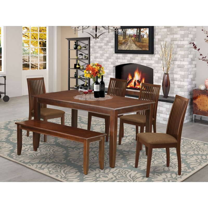 L'ensemble de table de cuisine 6 pièces contient une table de salle à manger rectangulaire et 4 chaises de salle à manger en tissu de lin avec un banc, acajou