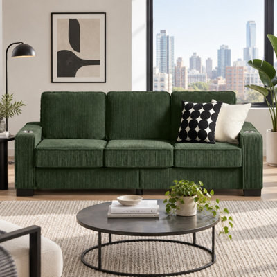 Canapé moderne 3 places en velours côtelé de 83,9 pouces de large avec porte-gobelets intégrés et coussins amovibles