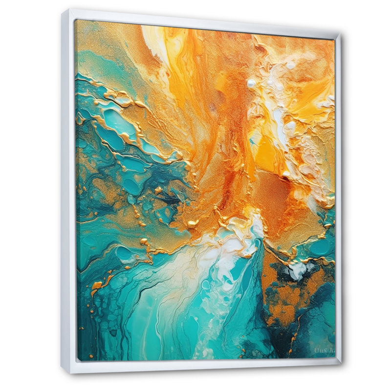 «Golden Ocean Waves Turquoise Abstract», reproduction d'art sur toile, H 40 po x l 30 po x P 1,5 po, Cadre flottant blanc