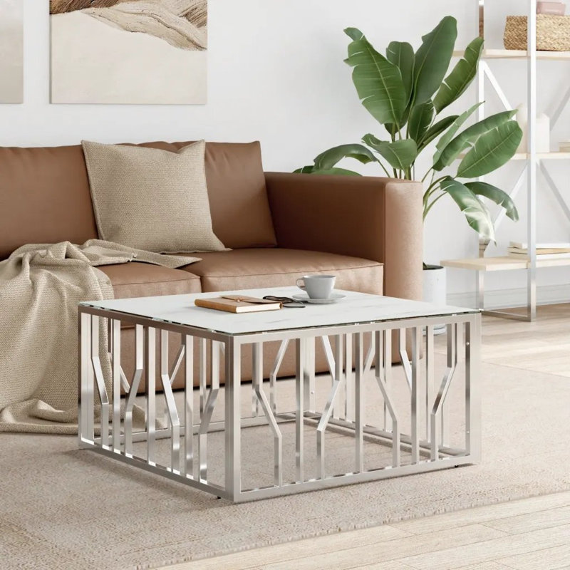 Tulsita Frame Coffee Table, White, Frame Silver, 40cm H x 80cm W x 80cm D
