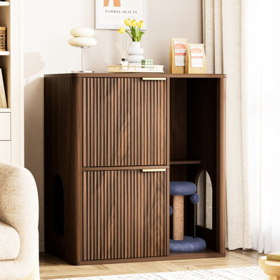31.5 - Inch Walnut Cat Litter Cabinet With Tree, Dual Doors, And Storage Shelves For Living Room Or Bedroom. Features A Recessed Compartment To Hide Box, Arched Openings Easy Access, Hemp Rope