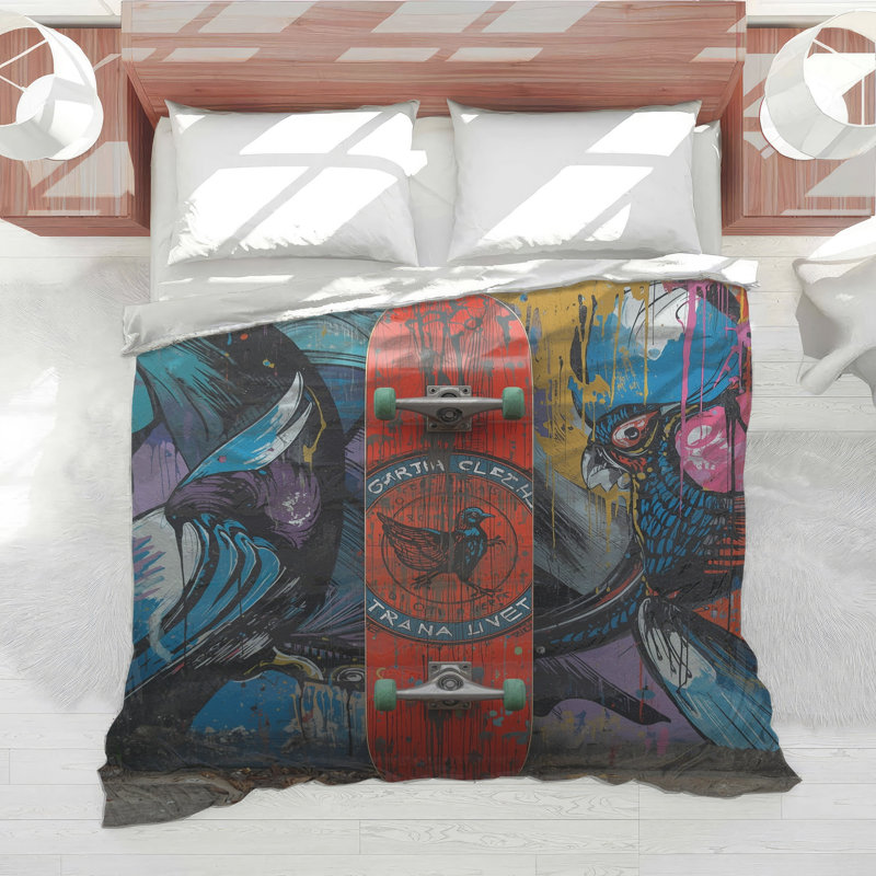 Colorful Bird Skateboard Comforter, Twin