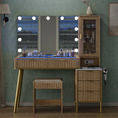 36" Fluted Vanity Desk with Mirror, Makeup Table with Power Outlet and 11 Lights, Large 5 Drawers Makeup Table withTop, Adjust Lighting Freely for Bed by Ebern Designs