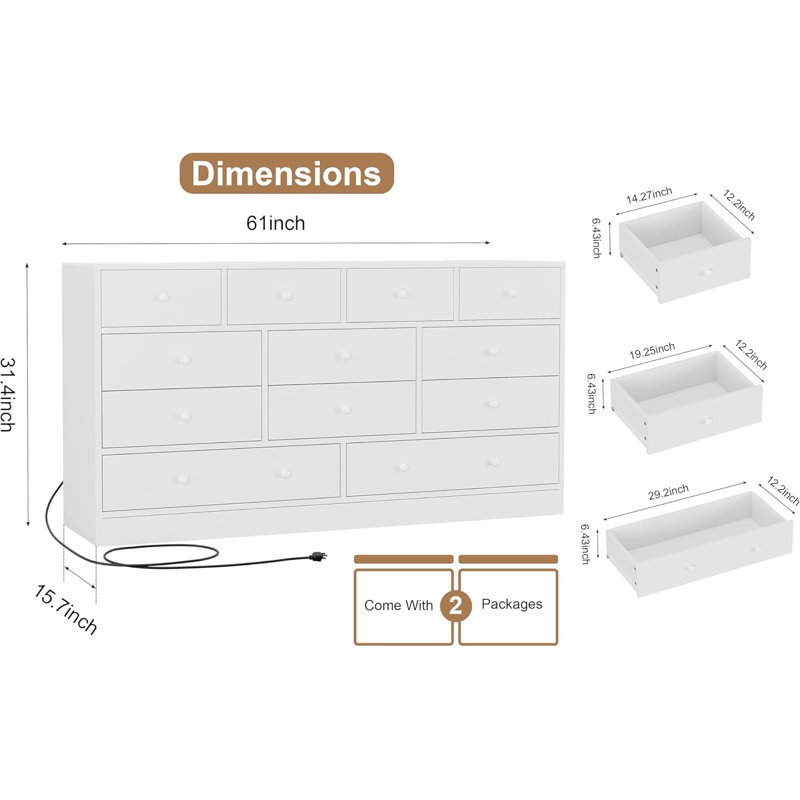 Commode 12 tiroirs 61 "en bois avec prise de courant, ‎Blanc
