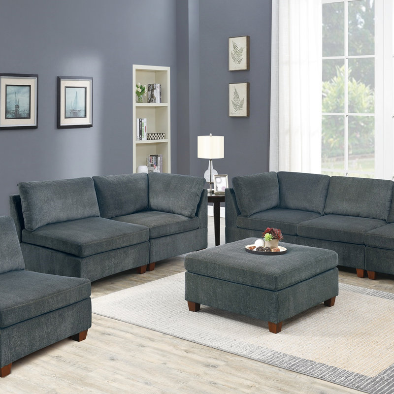 Ensemble de canapé modulaire en chenille gris modulaire de 7 pièces avec 3 pièces de coin, 3 fauteuils sans accoudoirs et 1 contreplaqué de repose-pieds