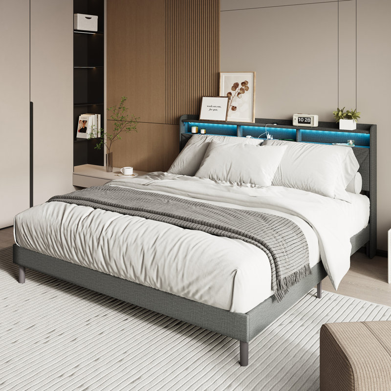 Modern Upholstered Platform Bed Frame with LED Light Headboard, Sturdy Metal & Wood Slat Support – Twin/Full/Queen Size, Dark Gray Fabric