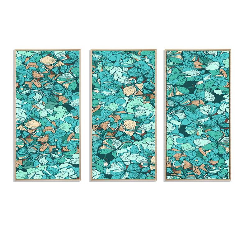 Turquoise Blue Flowers - 3 pièces, reproduction sur toile flottante, H 20 po x l 36 po x P 1 po, Cadre brun