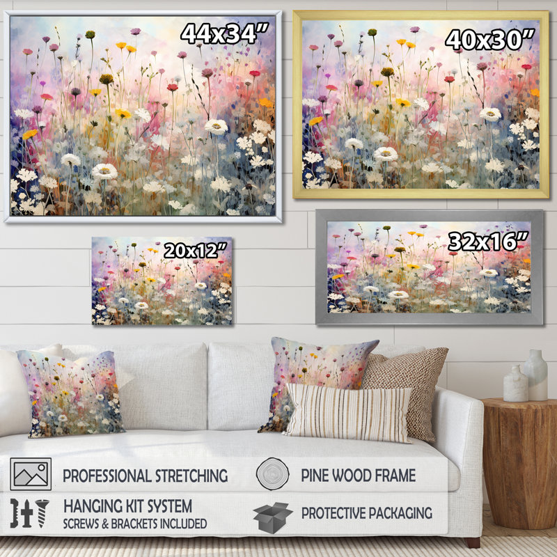 Fleurs sauvages Wander meadows - Fleurs sauvages, impressions sur toile, H 12 po x l 20 po x P 1 po, Cadre flottant doré