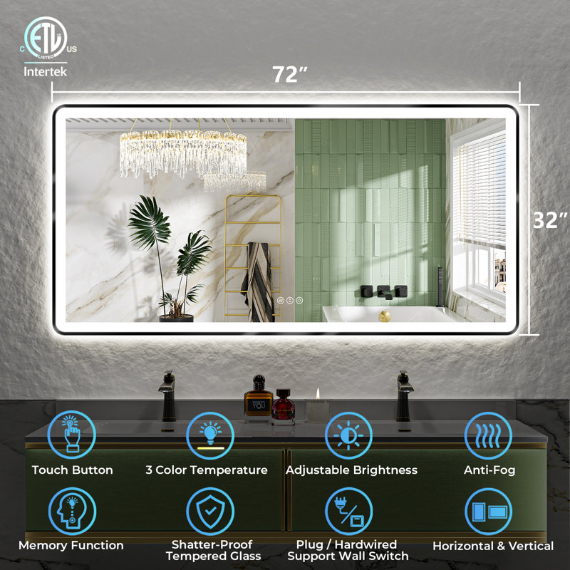 Hyosvany Matte Black Matel Framed LED Vanity Mirror with Front-lit and Back-lit, Memory Function, 3 Color Temperatures, Dimmable Light & Anti-fog Tempered Glass Mirror