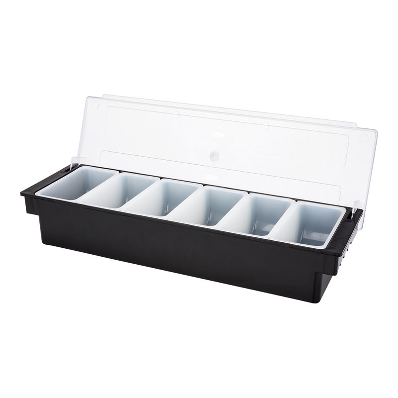 Serviteur de condiments en plastique noir Bar Lux - 6 compartiments - 19 1/2 po x 6 1/4 po x 3 3/4 po - 1 boîte