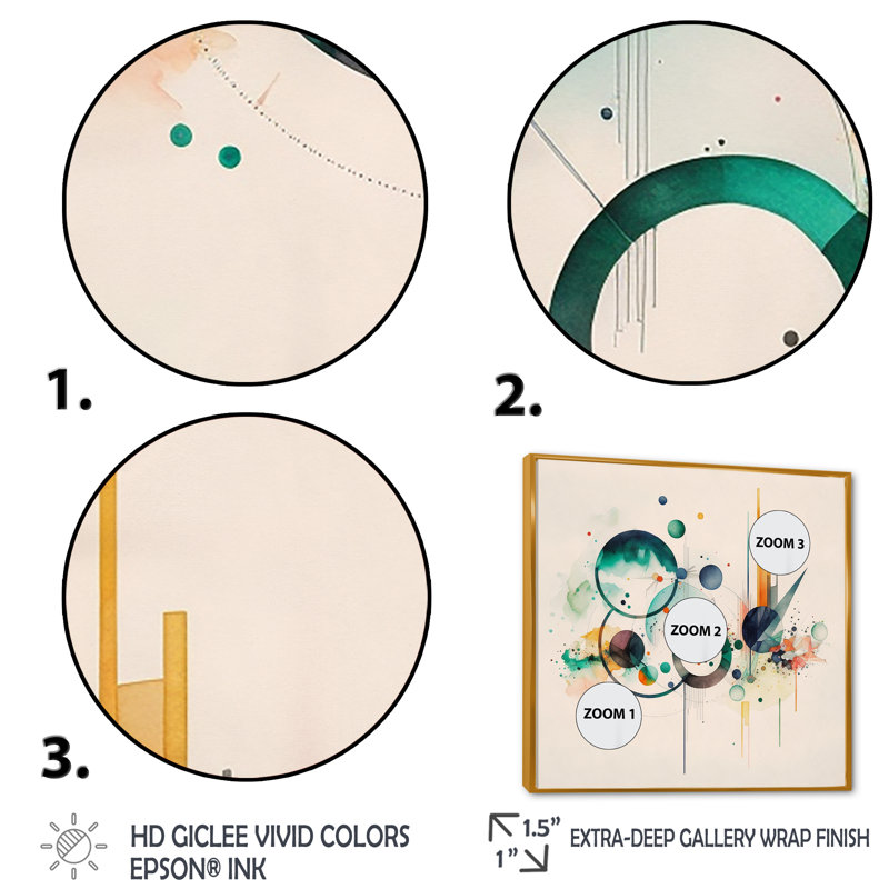 Art géométrique aquarelle multicolore VI - peinture sur toile, Toile avec cadre flottant or, H 24 po x l 24 po x P 1 po