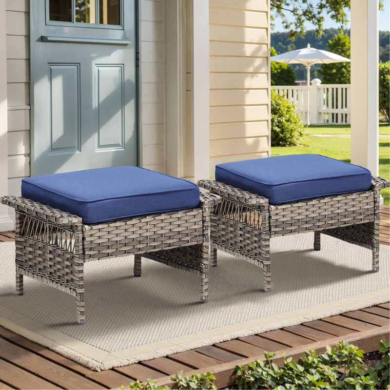 Extérieur pour 2 personnes, repose-pieds gris pour patio avec coussins bleus pour terrasse, coussins confortables en mousse haute densité de 3,5 po d'épaisseur, structure en acier thermolaqué rouille, résistant aux intempéries et à la décoloration