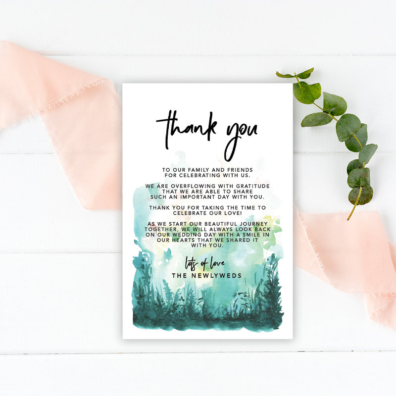 Carte de remerciement pour thème de mariage «Watercolor Forest» pour réception de table, assiettes, famille et amis