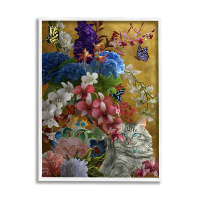 Chat doré et fleurs encadrées sur bois par Nene Thomas