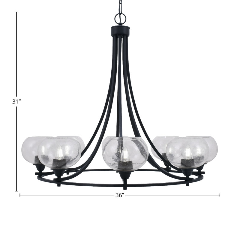 Paramount 8 Light Uplight Chandelier With 7" Clear Bubble Glass, Clear Seeded, Matte Black