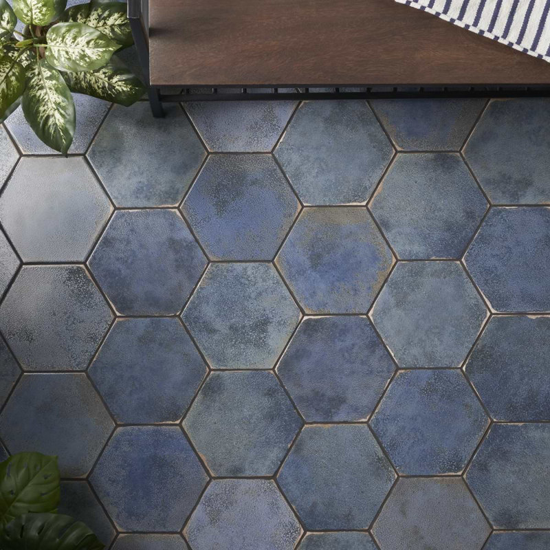 Kalay 9" Hexagon Polished Porcelain Tile, Blue