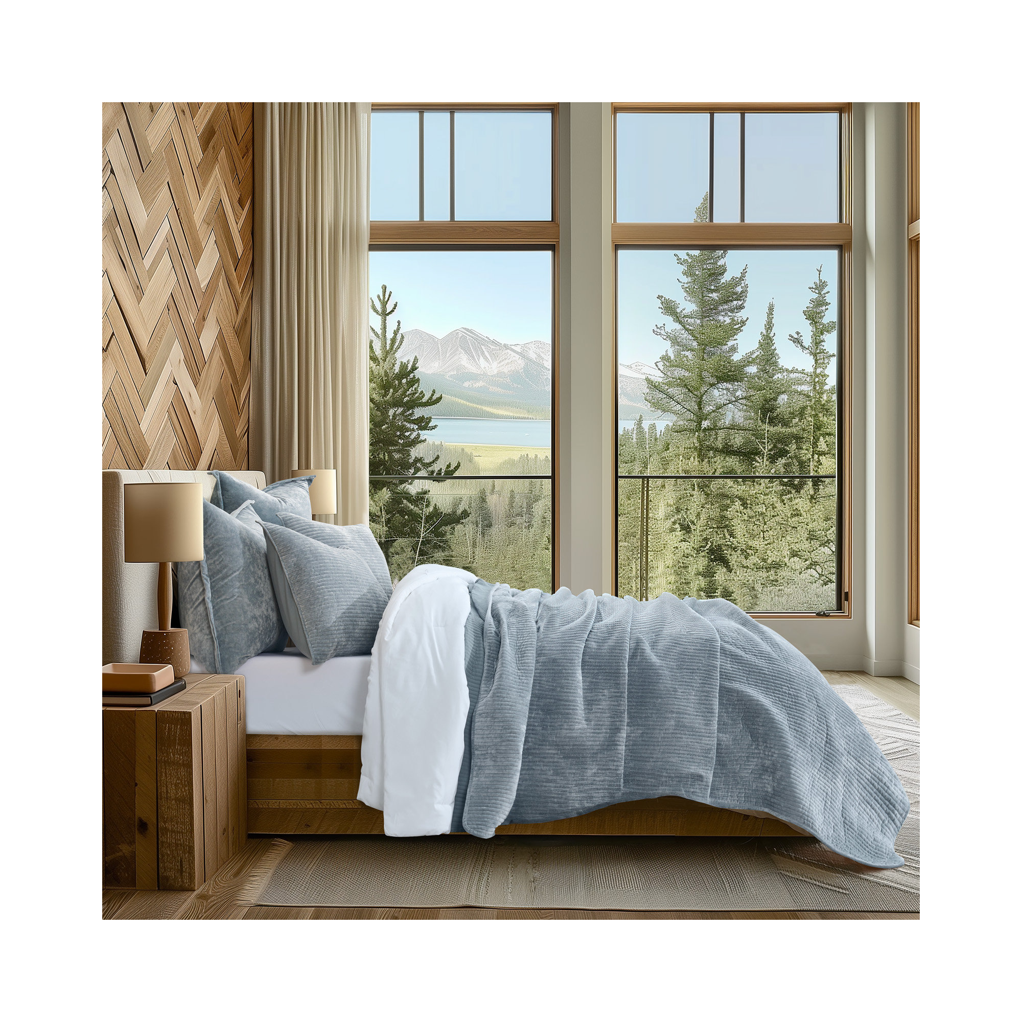 Striped Channel Velvet Quilt Set, Blue Linen, King