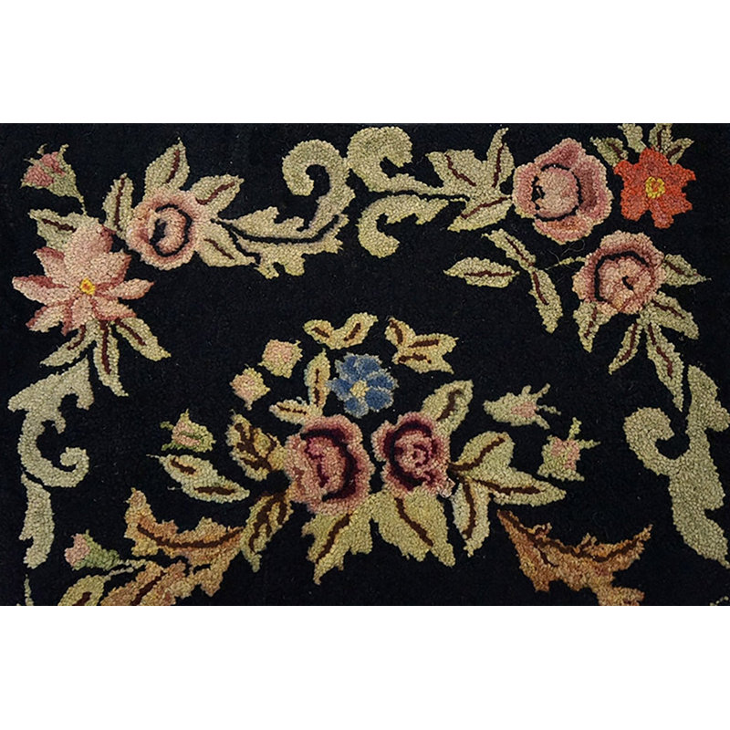 Small Antique Black Color European Floral Inlay Pattern American Hooked Rug