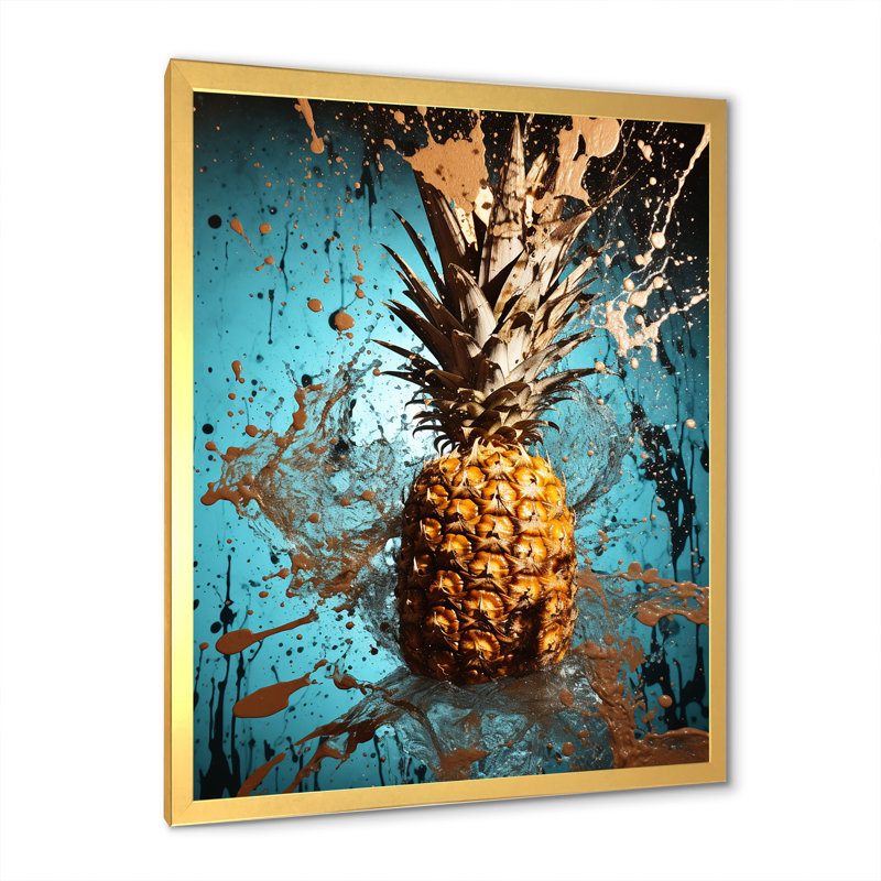 Abstrait turquoise «Ananas» torsadé - ananas, art mural, H 20 po x l 12 po x P 1 po, Encadrement doré